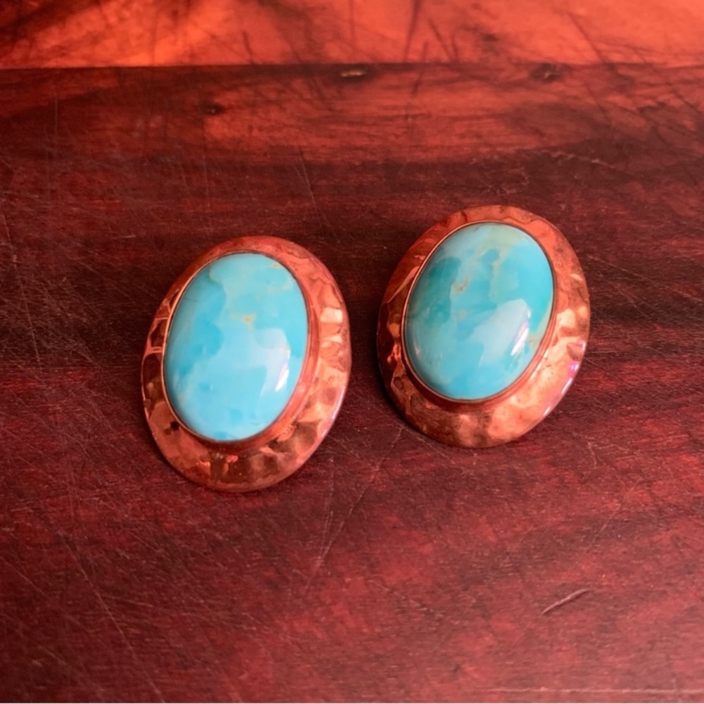Vintage Copper Plated Sterling Silver Turquoise Statement Earrings